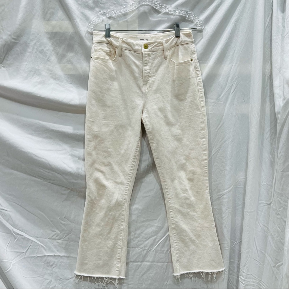 FRAME Le Crop Mini Boot high waisted jeans in off-white, 26” inseam